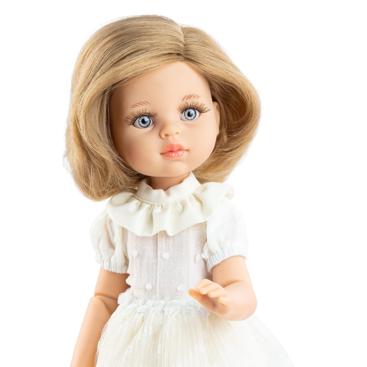 Lalka Hiszpańska 32 cm Paola Reina Amigas 04871 Carla, klasyczna, cała z winylu, przegubowa ruchome stawy, szaro-niebieskie oczy, blond włosy do ramion, kremowa sukienka, majteczki, buciki