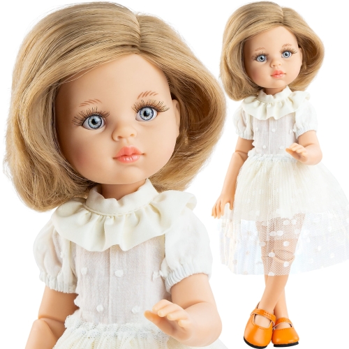Lalka Hiszpańska 32 cm Paola Reina Amigas 04871 Carla, klasyczna, cała z winylu, przegubowa ruchome stawy, szaro-niebieskie oczy, blond włosy do ramion, kremowa sukienka, majteczki, buciki