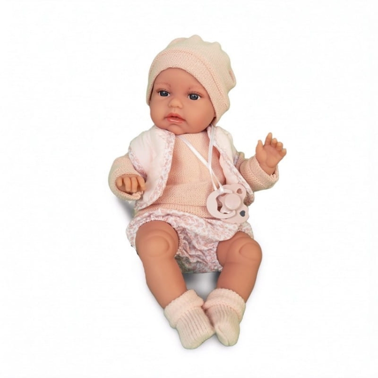 Lalka Hiszpańska 34 cm Antonio Juan 70364 Baby Toneta, bobas, elastyczny tułów, miękki brzuszek, w ciele stelaż, który pozwala na zmianę pozycji, w ubranku, smoczek, poduszka