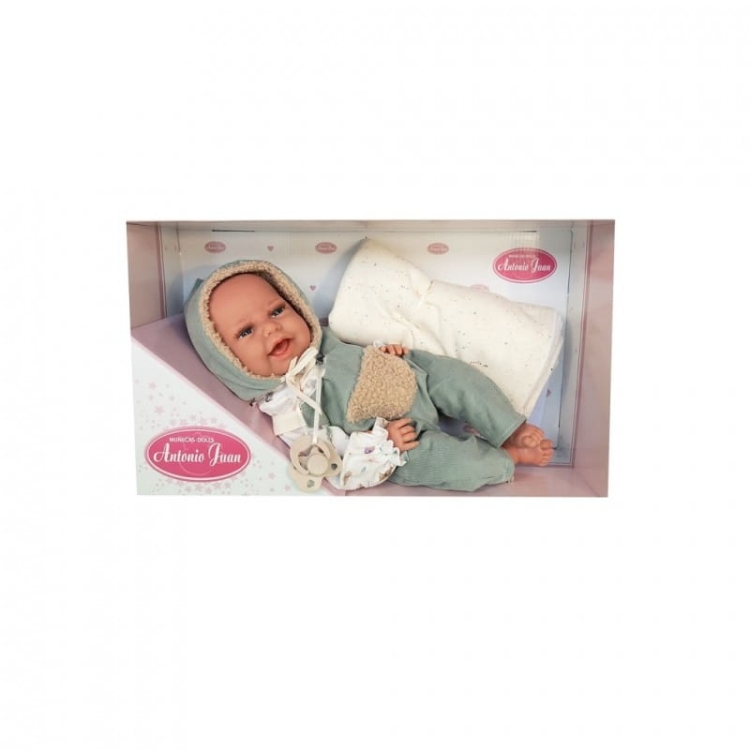 Lalka Hiszpańska 34 cm Antonio Juan 70404 Clara, bobas miękki brzuszek, bez włosów, rzęsy, w ubranku, smoczek, kocyk