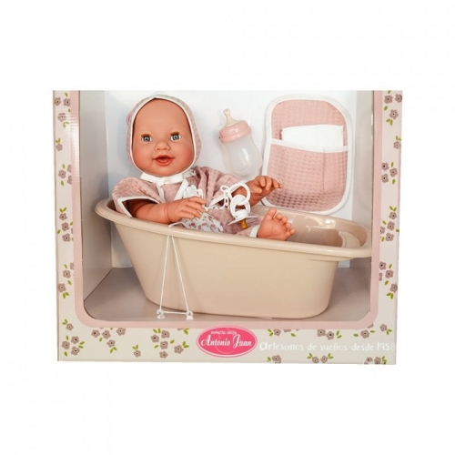 Lalka Hiszpańska 42 cm Antonio Juan 50417 Mia, bobas cały z winylu, dziewczynka, zamyka oczy, pije z buteleczki i robi siku, bez włosów, rzęsy, ubranko, smoczek, buteleczka, pieluszka pampers, torebeczka na akcesoria, wanienka do kąpieli
