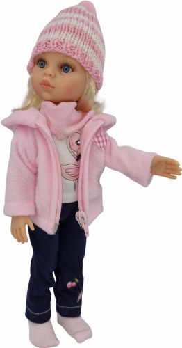 Komplet dla lalki Paola Reina Amigas 32 cm różowa polarowa bluza z kapturem, bluzeczka z aplikacją, spodnie z aplikacją, skarpetki, apaszka, czapeczka z pomponem