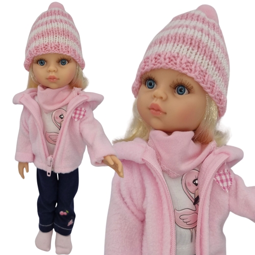 Komplet dla lalki Paola Reina Amigas 32 cm różowa polarowa bluza z kapturem, bluzeczka z aplikacją, spodnie z aplikacją, skarpetki, apaszka, czapeczka z pomponem