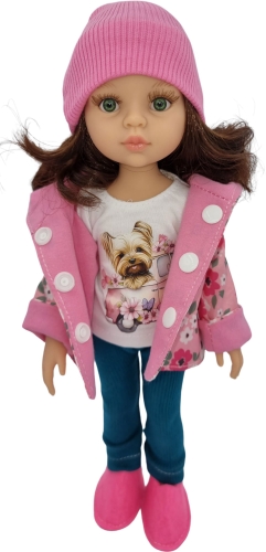 Komplet dla lalki Paola Reina Amigas 32 cm kurteczka z kapturem, bluzeczka z aplikacją, legginsy, czapeczka, filcowe buciki