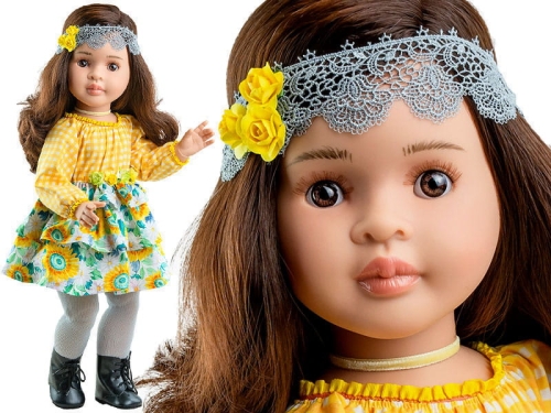 Lalka Hiszpańska 60 cm Paola Reina Las Reinas 06566 Lidia, cała z winylu, przegubowa ruchome stawy,  brązowe włosy, opaska, sukienka, rajstopy, buciki