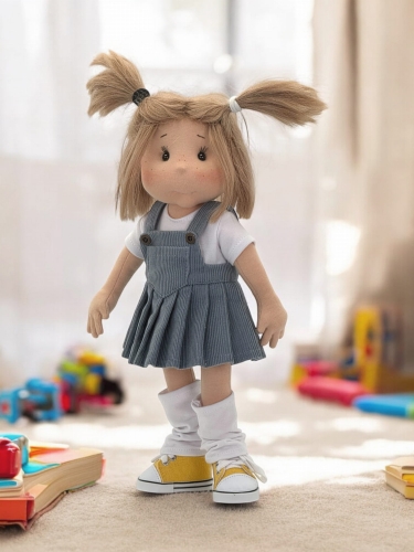 Sukienka sztruksowa 3 dla lalki 38 cm Lullu Dolls niebieska, na ramiączkach, z przodu kieszonka