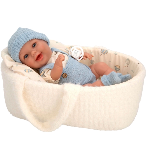 Lalka Hiszpańska 33 cm Arias 50893 cała z winylu, bobas bez włosów, chłopiec, w ubranku, smoczek, nosidełko
